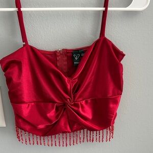 Red Satin Beaded Twist-Front Crop Top - Windsor